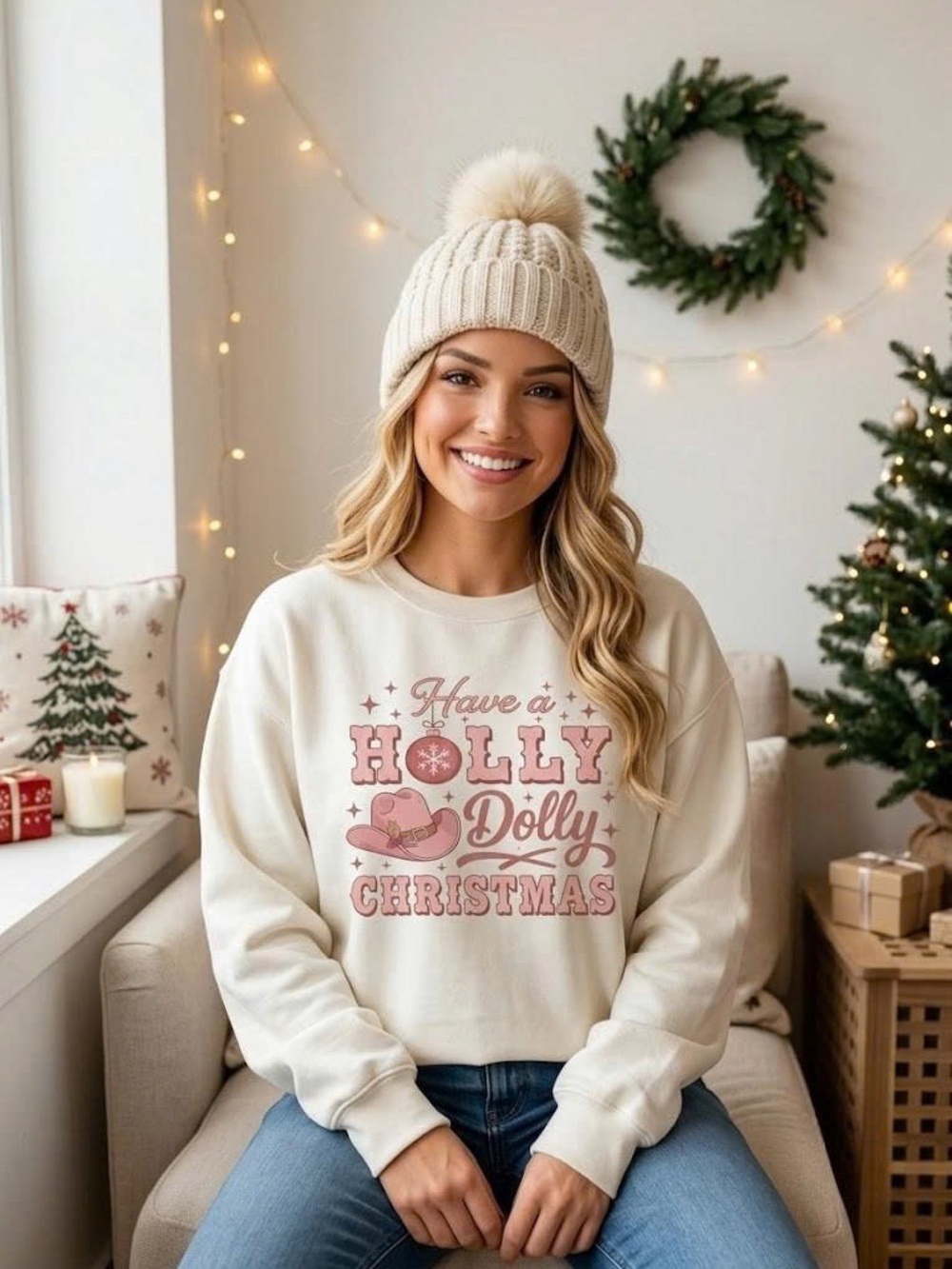 Western Holly Dolly Christmas Sweatshirt Pink Cowboy Hat Holiday Crewneck - Picture 2 of 6